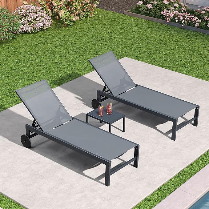 PURPLE LEAF Outdoor Chaise Lounge with Wheels for Outside 2 Pieces Aluminum Patio Lounge Chair with 5 Adjustable Position for Outdoor, Beach, Yard, Pool, Side Table Included, Grey