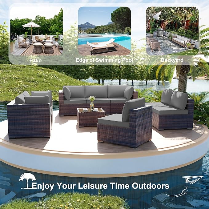 ALAULM Patio Furniture Set with Coffee Table, 9 Pieces Outdoor Sectional with Wide Seat and Thick Cushion, All Weather Wicker Rattan Conversation Set for Backyard, Garden, Deck, Grey