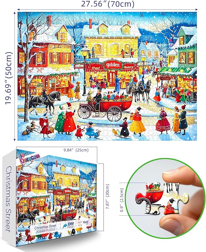Winter Holiday Scene Jigsaw Puzzle, 1000 Pieces, Colorful Christmas Village Snow Landscape, Family Entertainment
