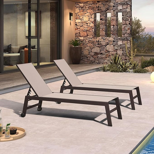 PURPLE LEAF Outdoor Chaise Lounge Chair Set of 3, Pool Lounge Chair for Outside, Aluminum Patio Chaise Lounger with Adjustable Backrest and Wheels for Deck, Outside, Lawn, Garden, Sand Beige
