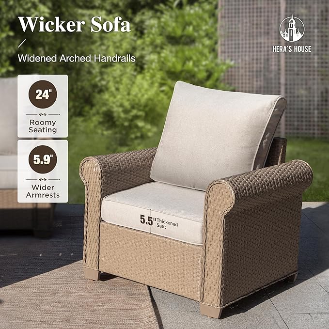 HERA'S HOUSE 4-Piece Patio Furniture Set, All Weather 5 Seats Outdoor Wicker Sofa with 44" Coffee Table, 5.5" Thick Waterproof Cushion Conversation Couch Set for Garden Deck Backyard, Beige