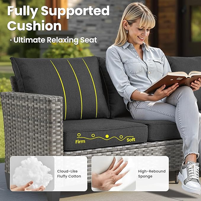 ovios 10 Pieces Patio Furniture Set, Outdoor Wicker Sofa Couch with Rocking Swivel Chairs Solar Lights Table Fire Pit, Modern Deep Seat Rattan Conversation Sets, Black
