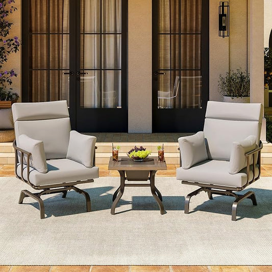 LAUSAINT HOME 3 Pieces Outdoor Patio Conversation Furniture, Luxury Motion Glider Chairs and Ice Bucket Table & Coffee Table, Rocking Chairs with Olefin Cushions, for Patios, Gardens, Balconies