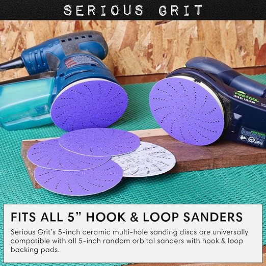 Serious Grit 5-Inch 80 Grit Ceramic Multi-Hole Hook & Loop Sanding Discs - Advanced Grain for Fast Cutting & Long Life - Film-Backed Universal Fit Sandpaper for 5-in Sanders - 50 Pack Box