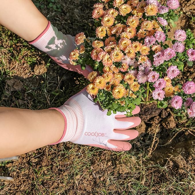 COOLJOB 2 Pairs Gardening Gloves for Women Ladies, Breathable Rubber Coated for Yard Garden, Outdoor Indoor Protective Work with Grip, Medium Size, Blue & Pink