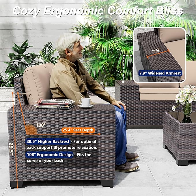 Outdoor Patio Furniture Set with Gas Fire Pit Table, 13 Pieces Outdoor Furniture Set Patio Sectional Sofa w/43in Propane Fire Pit, PE Wicker Rattan Patio Conversation Sets (Sand)