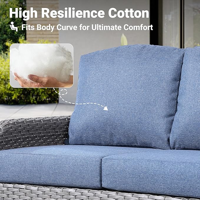 ovios 2 Pieces Patio Furniture Set, Outdoor Wicker Sofa with Glass Coffee Table, All Weather High Back Rattan Loveseat Couch 2 Seats with Comfy Cushions, Denim Blue
