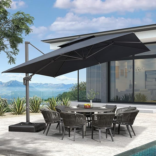 PURPLE LEAF 12 FT Cantilever Umbrella Outdoor Patio Umbrella, Large Offset Square Umbrella, Windproof Heavy Duty Hanging Outside Umbrellas for Patio, Graphite Grey