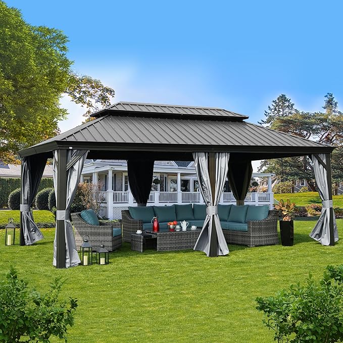 Kozyard Alexander 12' X 20' Hardtop Permanent Aluminum Metal Gazebo with Galvanized Steel Double Roof Canopy, Curtain and Netting Pavilion for Patio, Backyard, Deck, Lawn (Gray)