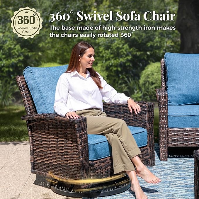 8-Piece Wicker Patio Furniture Set with Swivel Chairs, High Back Outdoor Furniture with 57'' Fire Pit Table, All-Weather Wicker Patio Conversation Set for Deck Yard Pool, Navy Blue