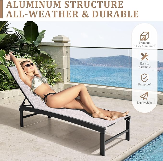 Patio Aluminum Chaise Lounge Chair, Outdoor Recliner Lounge Chair Sun Loungers, All Weather Chaise with 5 Adjustable Backrest and Lay Flat Positions for Garden, Balcony, Pool, Earth