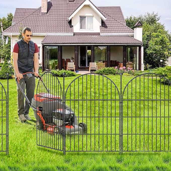 Adavin Tall Garden Fence Animal Barrier, 32 in(H) X 8.8 Ft(L) 4 Panels Dog Fences Outdoor for Yard, Black Heavy Duty Metal Temporary Fence, No Dig Garden Fencing for Yard Flower Bed Lawn Patio