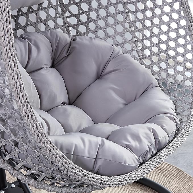 Egg Swing Chair Outdoor with Stand, Hanging Egg Rattan Basket Chair with Cushion and Pillow, Lounge Chairs, Foldable Basket and Metal Stand for Porch, Patio, Bedroom, Balcony,Yard (Grey)