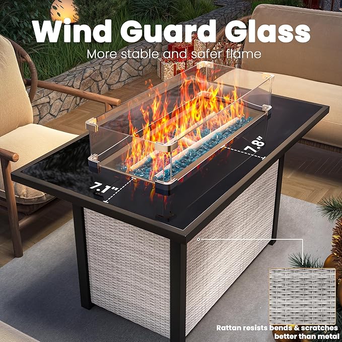 43-Inch Propane Fire Pit Table, Rattan Rectangular Outdoor Gas Fire Pit with Glass Wind Guard, Tempered Glass Tabletop & Lid, CSA Listed, 60,000 BTU, 304 Stainless Steel H-Burner, for Outside Patio