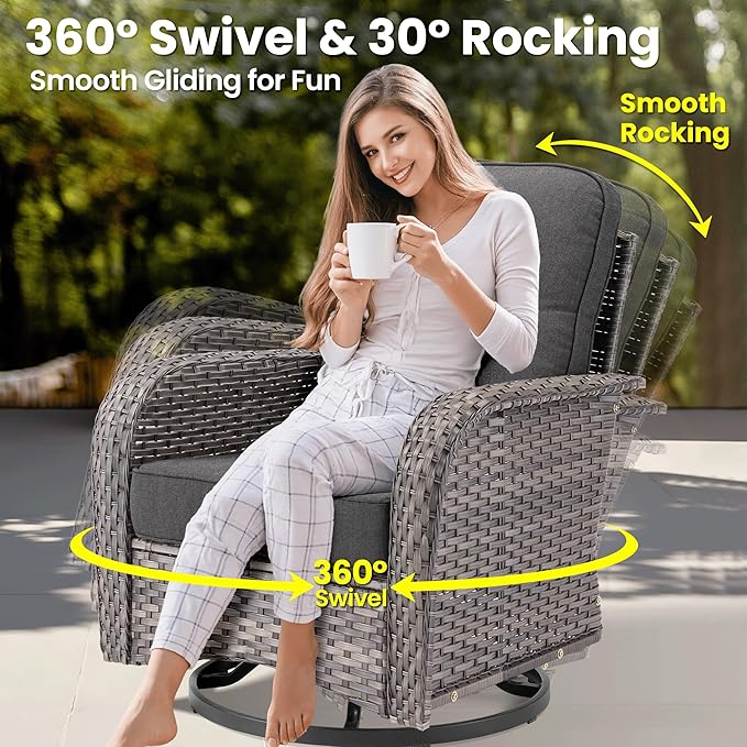 ovios 5 Pieces Patio Furniture Set, Outdoor Wicker Sofa Couch with Rocking Swivel Chairs Solar Lights Table, Modern Deep Seat Rattan Conversation Sets for Porch Deck, Black