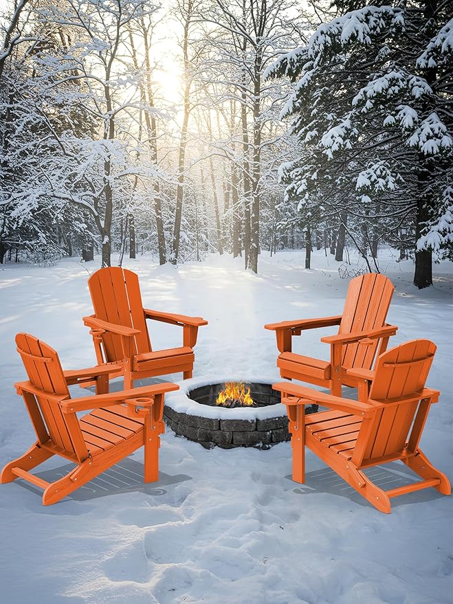 KINGYES Folding Adirondack Chair Set of 8, Dual Cup Holders & All-Weather HDPE, Wood-Like Patio Chair for Backyard, Camping, Pool & Fire Pit, Orange