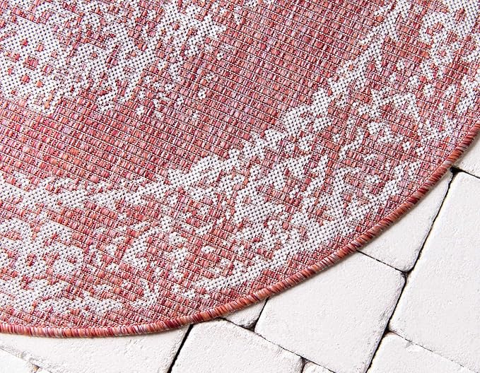 Unique Loom Outdoor Traditional Collection Area Rug - Timeworn (4' 1" Round, Rust Red/ Gray)