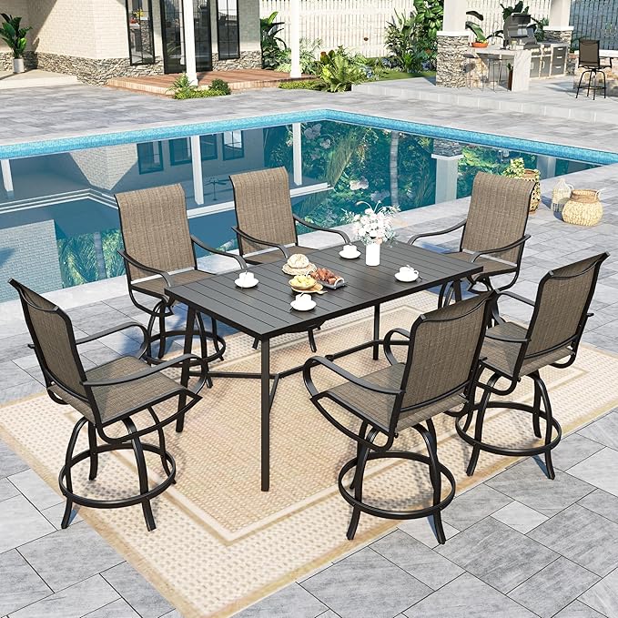 Sophia & William Outdoor Bar Set, Patio Bar Table and Chairs Set, Counter Height Patio Set - 6 x Swivel Bar Chairs, 1 x Rectangular Bar Table for Backyard and Garden