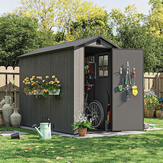 Patiowell 4 x 8 FT Plastic Outdoor Storage Shed with Floor, Garden Tool Shed with Two Windows and Single Lockable Door for Garden, Backyard, Lawn, Easy to Install (Dark Grey) (Fit-it Shed)