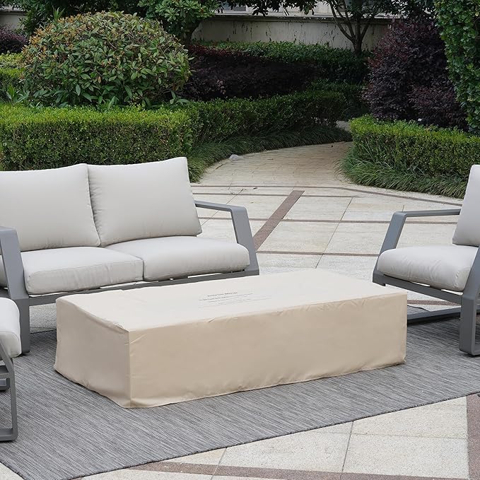 48 Inch Propane Fire Pit Table, Outdoor Rectangle Fire Table w Tank Table (50,000 BTU), 3 Piece Slate Gas Fire Pit in Dark Grey w Glass Wind Guard and White Fire Glass for Garden, Backyard