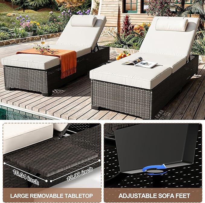 Patio Chaise Lounge Set of 2, Brown Rattan, Adjustable Backrest, Recliners with Beige Cushion