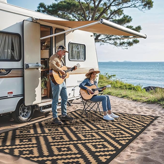 GENIMO 6'x9' Outdoor Rug Waterproof for Patio Decor, Reversible Plastic Straw Rug Carpet, Camping Mats for Outdoor, RV, Backyard, Deck, Balcony, Picnic, Light Black & Brown