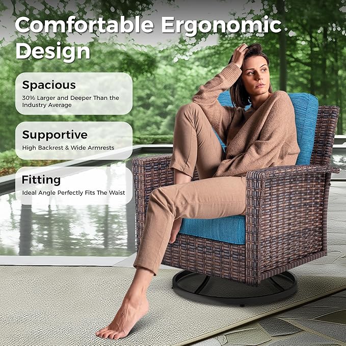 Outdoor Swivel Patio Chairs Set of 2 with Side Table, 3 Piece Wicker Highback Patio Bistro Set with Cushions for Deck Porch and Yard, Peacock Blue