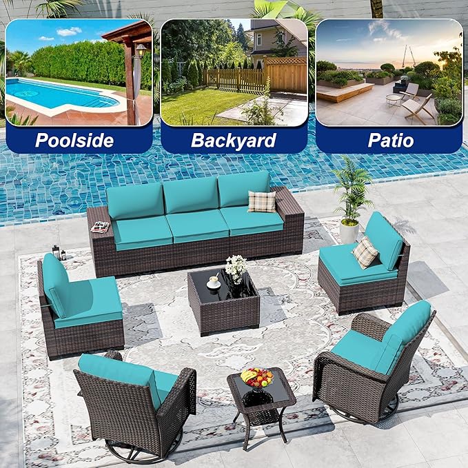9 Pieces Patio Furniture Set with 2 Swivel Chairs Patio Furniture Outdoor Sectional Sofas Outdoor Patio Conversation Set - Teal