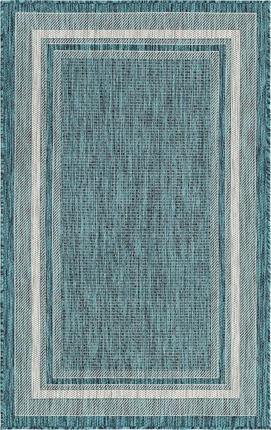 Unique Loom Outdoor Border Collection Area Rug - Soft Border (3' 3" x 5' 3" Rectangle, Teal/ Ivory)