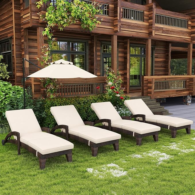 Patio Chaise Lounge Set of 4, Wicker Lounge Chairs Outdoor with Wheels, Heavy Duty Lounger Chair Outdoor, Wicker Chaise Lounges with Armrests All Weather, Khaki