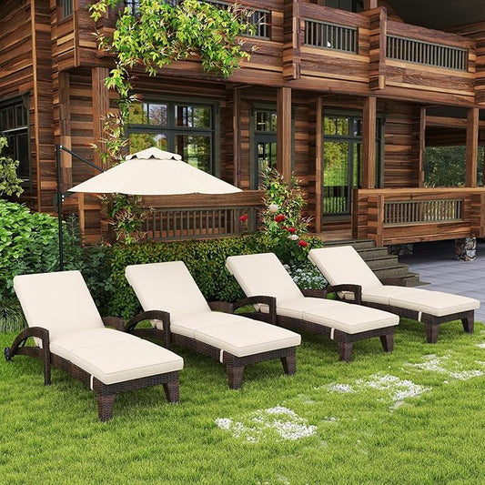 Patio Chaise Lounge Set of 4, Wicker Lounge Chairs Outdoor with Wheels, Heavy Duty Lounger Chair Outdoor, Wicker Chaise Lounges with Armrests All Weather, Khaki
