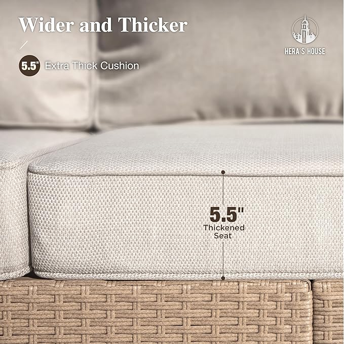 HERA'S HOUSE 4-Piece Patio Furniture Set, All Weather 5 Seats Outdoor Wicker Sofa with 44" Coffee Table, 5.5" Thick Waterproof Cushion Conversation Couch Set for Garden Deck Backyard, Beige
