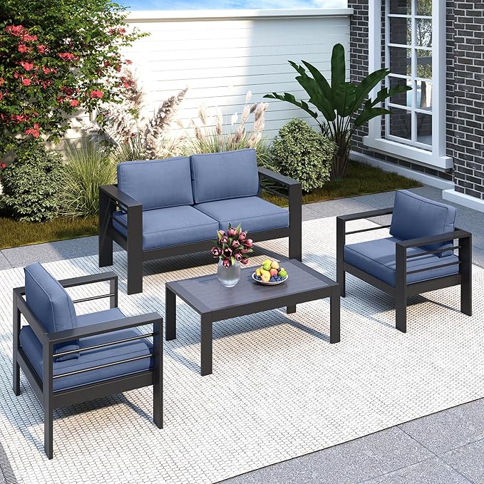 Solaste Outdoor Aluminum Furniture Set - 4 Pieces Patio Sectional Chat Sofa Conversation Set with Table,Black Frame and Blue Cushion