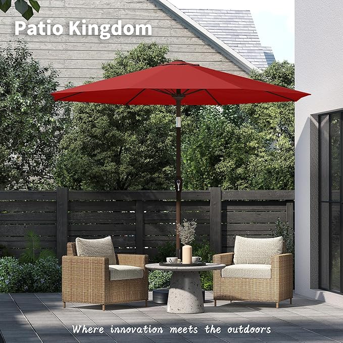 PatioKingdom 11FT Patio Umbrella,Outdoor Umbrella with Push Button Tilt and Crank,Market Table Umbrella with 8 Sturdy Fiberglass Ribs UV Protection(Red, 11FT)