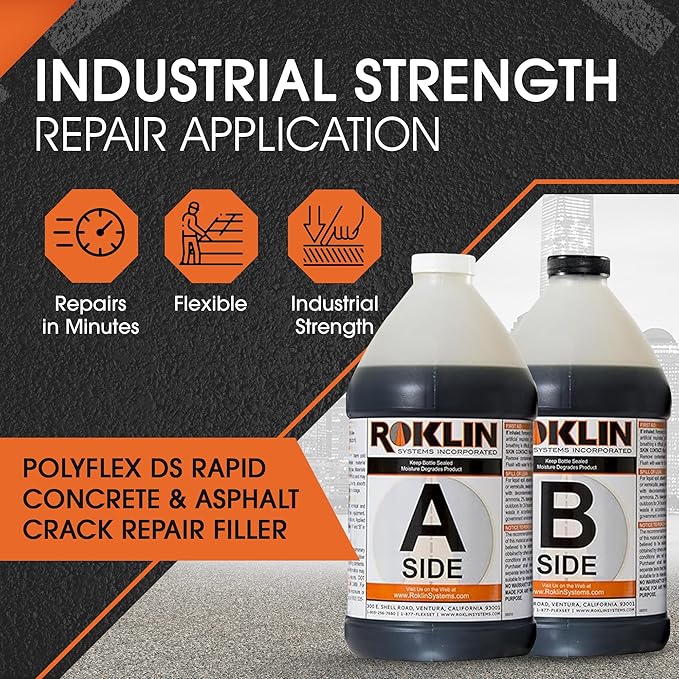 Roklin Systems, Inc. - PolyFlex DS Concrete Crack Filler, Quick-Drying Asphalt Crack Sealer, Floor/Wall Repair Patch Kit Essential, 10 gallons (5 gallons x 2 - Side A & B), Black