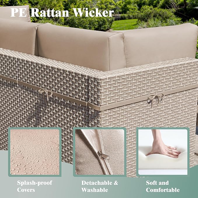 10 Pieces Patio Furniture Set, Outdoor Sectional Wicker Sofa with Thick Cushions and Storage Coffee Table, Rattan Patio Conversation Sets for Deck Yard Poolside, Khaki
