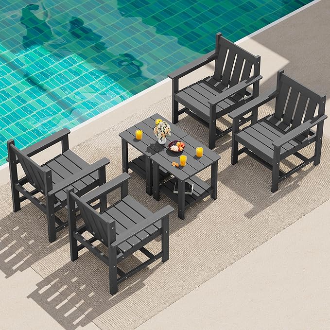 SERWALL 3 Pieces Patio Bistro Set, All Weather Adirondack Chair Set with Side Table, HDPE Material Outdoor Patio Furniture Set for Balcony, Porch, Garden, Backyard- Gray