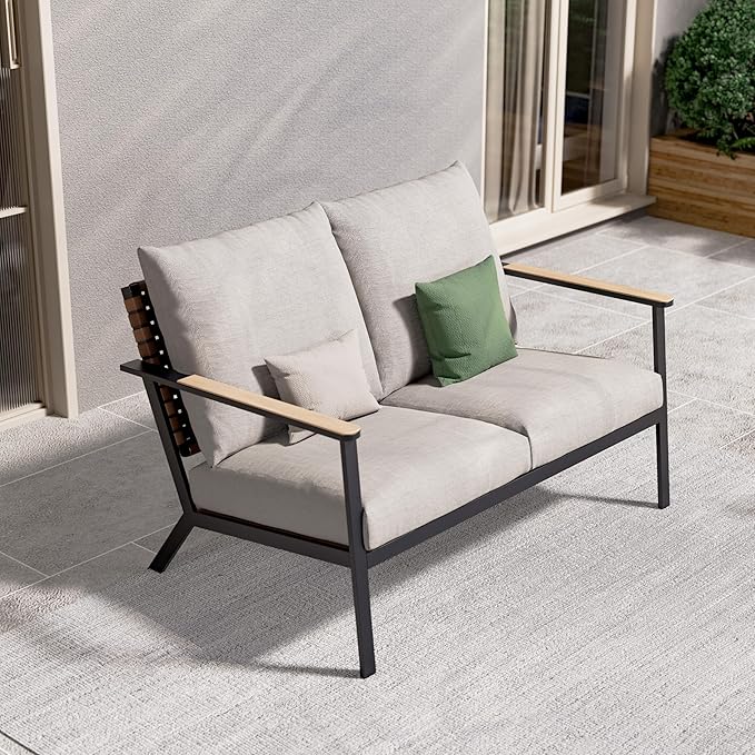 Grand patio Outdoor Rocking Chairs, 2-Piece Loveseat Leather-Look Patio Bistro Set Outdoor Furniture Conversation Sets，4.75'' Grey Cushions