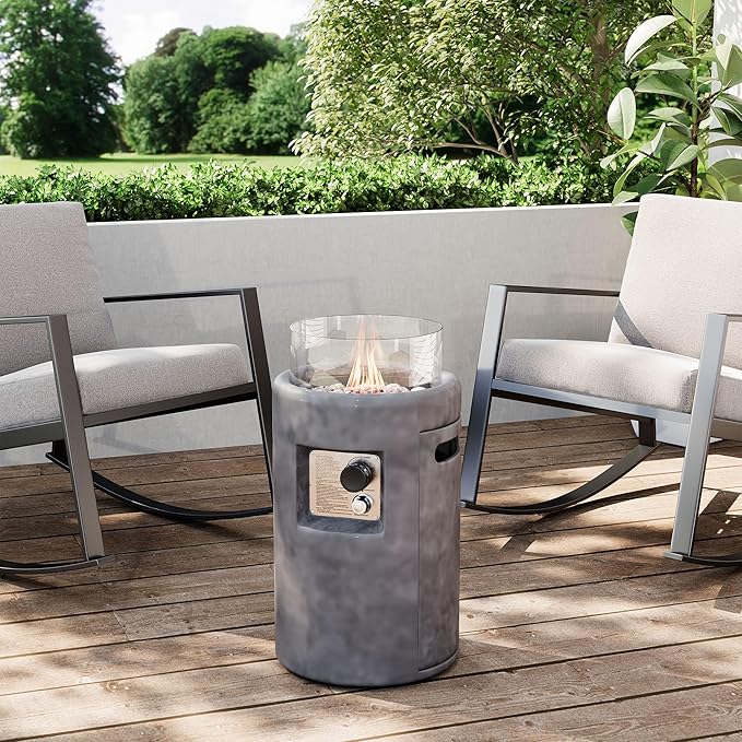 SUNBURY Outdoor Gas Fire Column, 40,000 BTU Propane Fire Pit for Patio Party & Gathering, Compact Flame Heater with Lava Rocks, Waterproof Cover for Yard & Deck Ambiance (Grey)