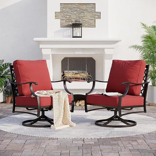 Metal Outdoor Swivel Patio Chairs Set of 2 with 5.75" Extra Thick Cushion, 2 Piece High Back Swivel Rocker Patio Chairs Outdoor Furniture Seating for Deck Balcony Front Porch, Rust Red