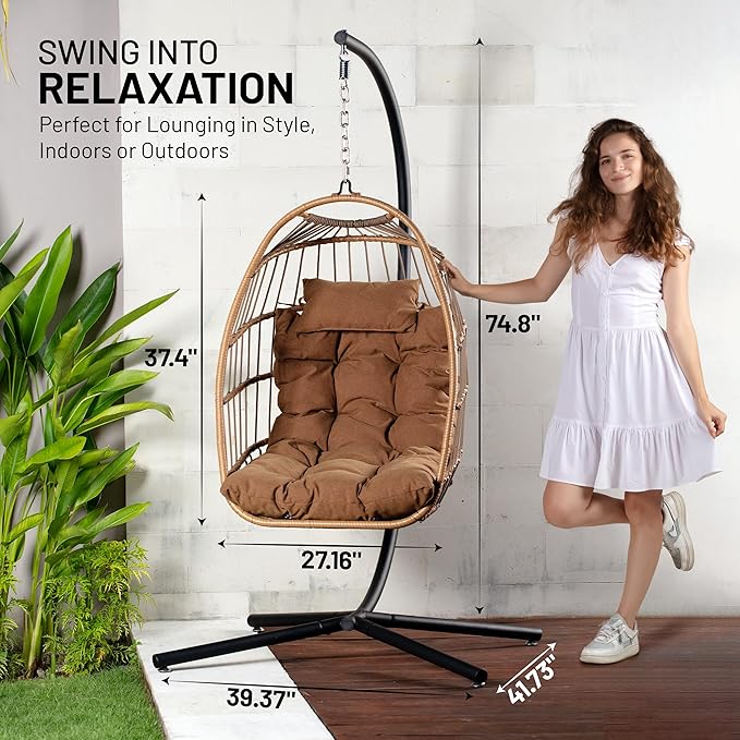 SereneLife Foldable Egg Chair with Stand – Hanging Rattan Wicker Swing for Indoor Outdoor Use – 350 lbs Capacity, Breathable Cushion & Headrest – Patio, Balcony, Porch, Bedroom Lounge Furniture