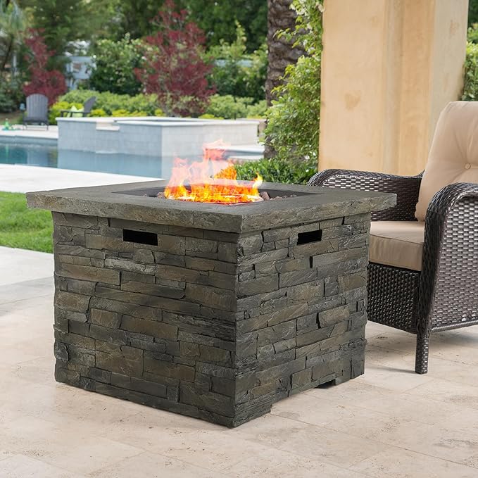 Outdoor Propane Fire Pit Table, 33 Inch Square MGO Concrete Fire Pit with Lava Rocks, Smokless Fire Table for Outside Patio, Garden, Backyard, 40,000 BTU, Tank Inside, Stone Gray