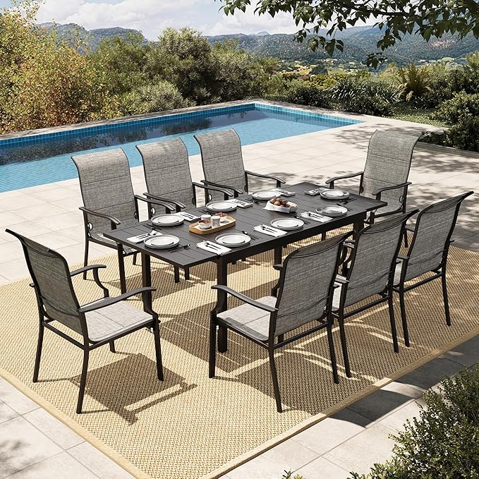 HERA'S HOUSE 9 Pieces Patio Dining Set, Outdoor Dining Set for 8, 8 x All Weather Textilene Padded Dining Chair, 1 x Rectangular Expandable Large Surface Metal Dining Table