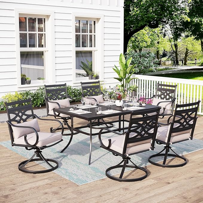 MFSTUDIO Outdoor Dining Set for 6, Patio Table and Chairs Set with Umbrella Hole, Patio Dining Set with Swivel Chairs, 7 Piece Patio Furniture Set for Deck Backyard Garden