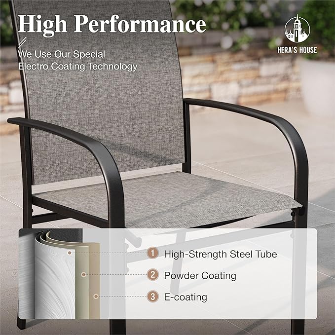 HERA'S HOUSE Patio Dining Chairs Set of 8, 36" Textilene Fabric Outdoor Chair with Wrought Iron Metal Frame Support 350lbs for Lawn Garden Backyard Kitchen, Brown