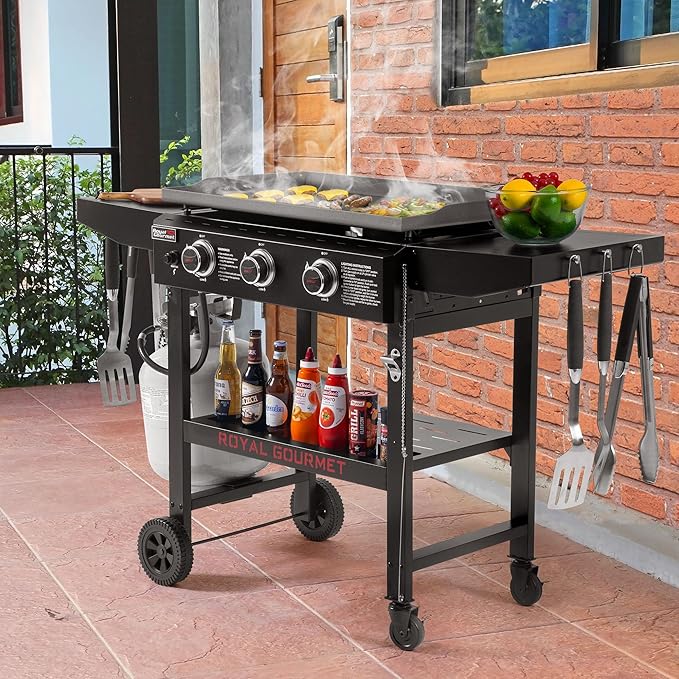 Royal Gourmet GB3000H 3 Burner Propane Gas Griddle with Foldable Side Tables, 28-Inch Flat Top Grill with 492 Sq. In. Cooking Area for Backyard and Tailgating, Black