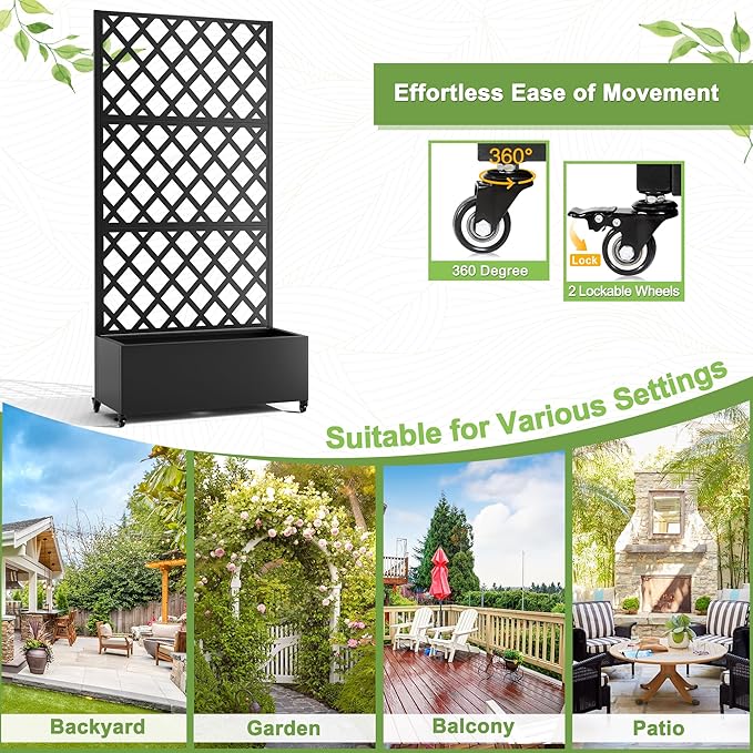 FENCY Metal Planter Box with Diamond Lattice Trellis Planter Box for Climbing Plants/Vines, Galvanized Raised Garden Bed On Wheels, Garden Bed with Trellis(73"x35" Black)