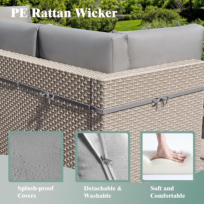 10 Pieces Patio Furniture Set, Outdoor Sectional Wicker Sofa with Thick Cushions and Storage Coffee Table, Rattan Patio Conversation Sets for Deck Yard Poolside, Grey