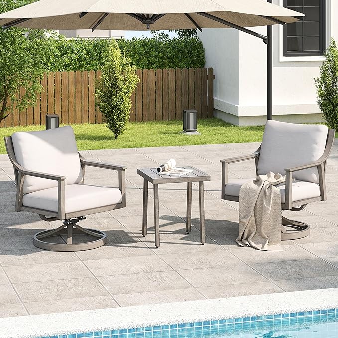 3-Piece Patio Conversation Bistro Sets, Outdoor Aluminum Bistro Sets with Thick Cushion, Modern Side Table and Swivel Chairs Set of 2, Rustproof and Waterproof for Porch Deck Garden, Grey