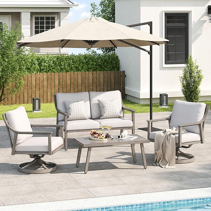Patio Conversation Sets 4 Pieces - Aluminum Loveseat Outdoor Furniture Sets with Thick Cushion, Coffee Table and Swivel Chairs Set of 2, Rustproof and Waterproof for Porch Deck Yard, Grey